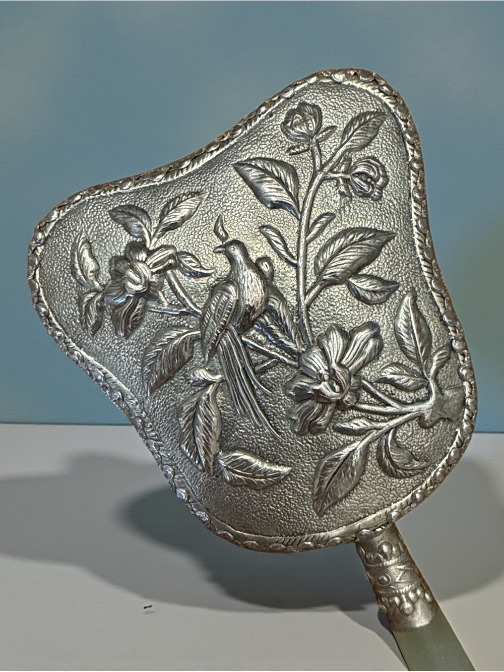 Vintage Chinese Silver Repousse Hand Mirror Green Jade Handle Asian Vanity